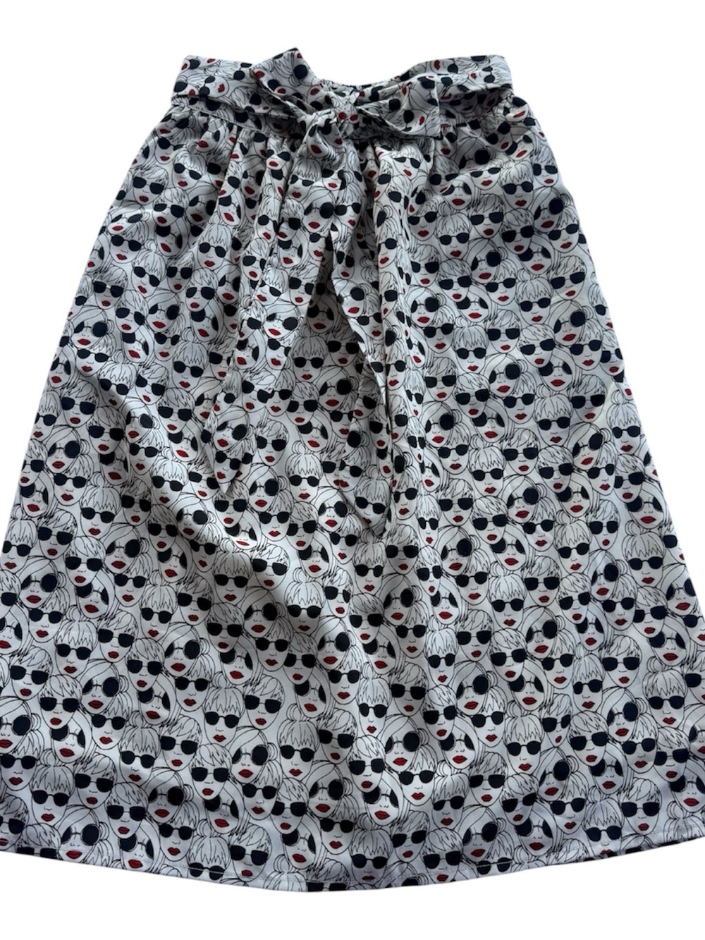 White Midi Skirt with Black Face Print and Red Lip Accents